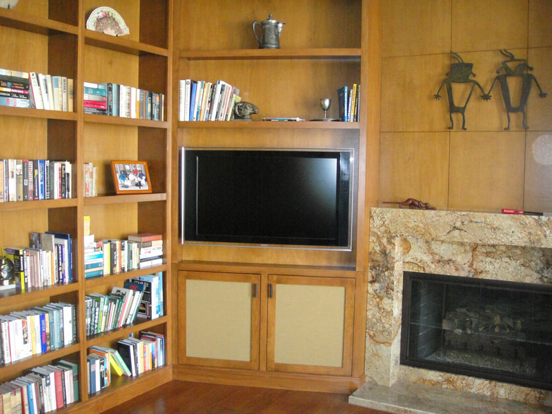 TV built-in cabinet next to fireplace in home library